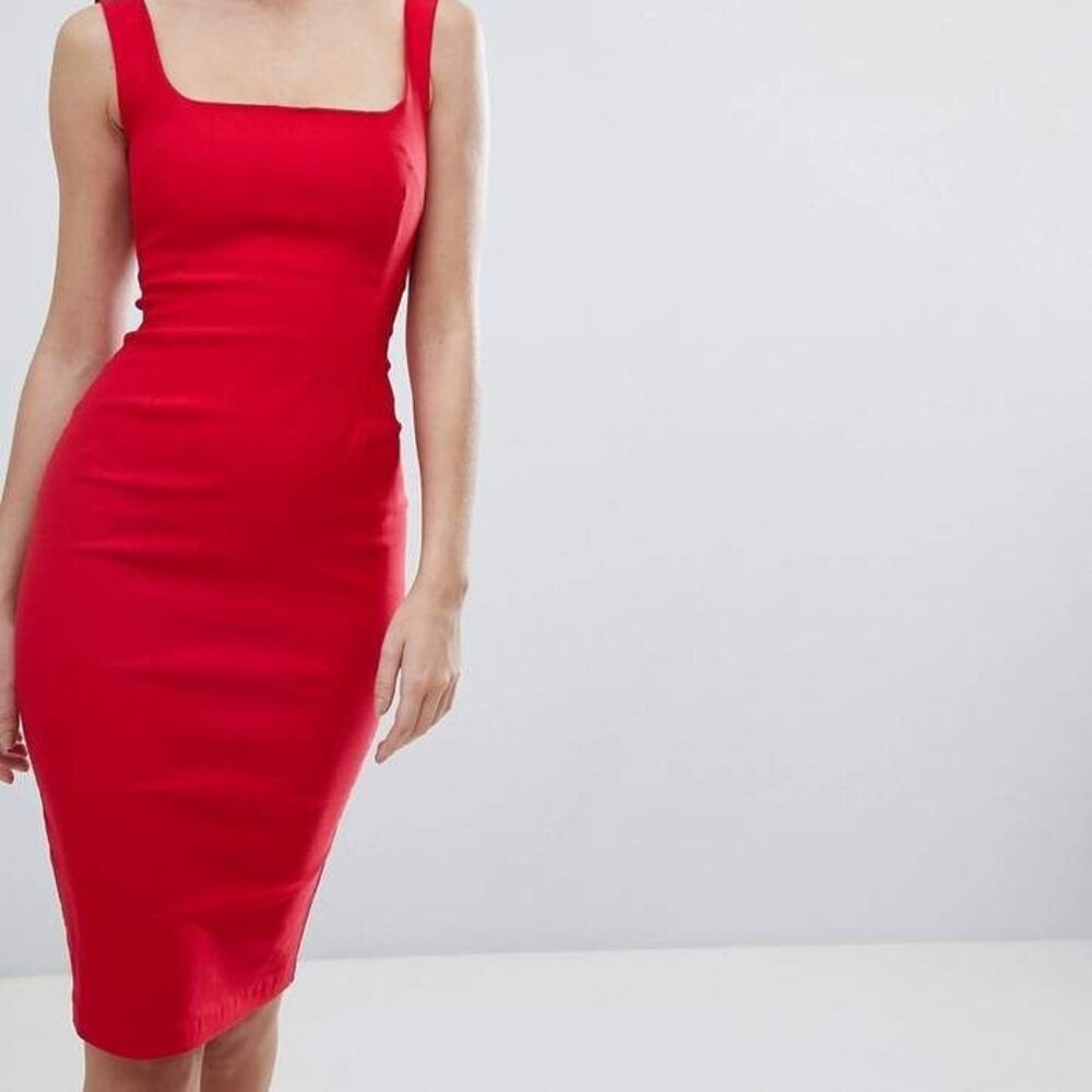 Stunning Vesper Red Square Neck Pencil Dress